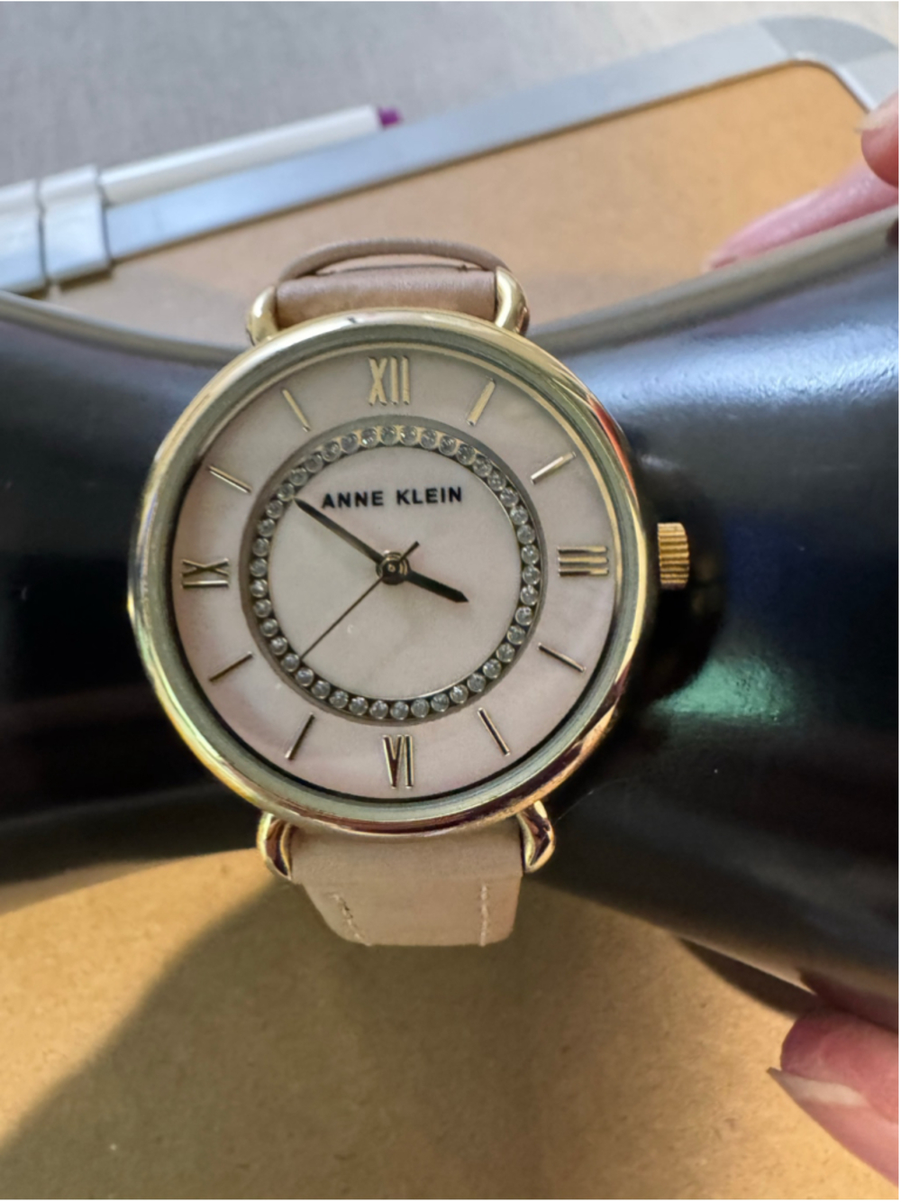 Women's Vintage Anne Klein Watch Crystals Beige Leather Strap Gold Tone Case